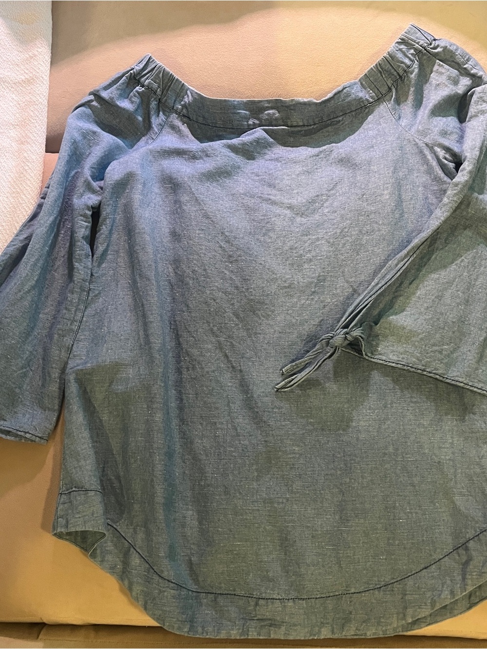 Free People Light Blue Off-Shoulder Tie-Sleeve Chambray Top